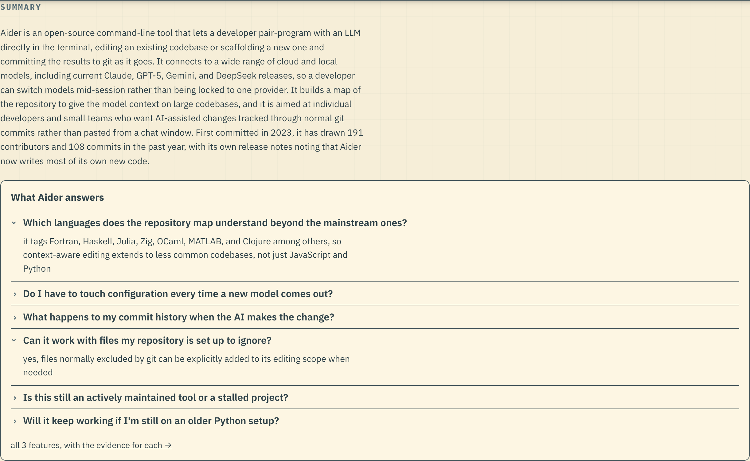 A tool page summary followed by a list of questions, two expanded to show their answers