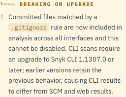 A breaking-change note reading as normal prose with an inline .gitignore code chip