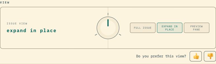 Tail’s view dial set to Expand in place, with Full issue and Preview pane as the adjacent positions.
