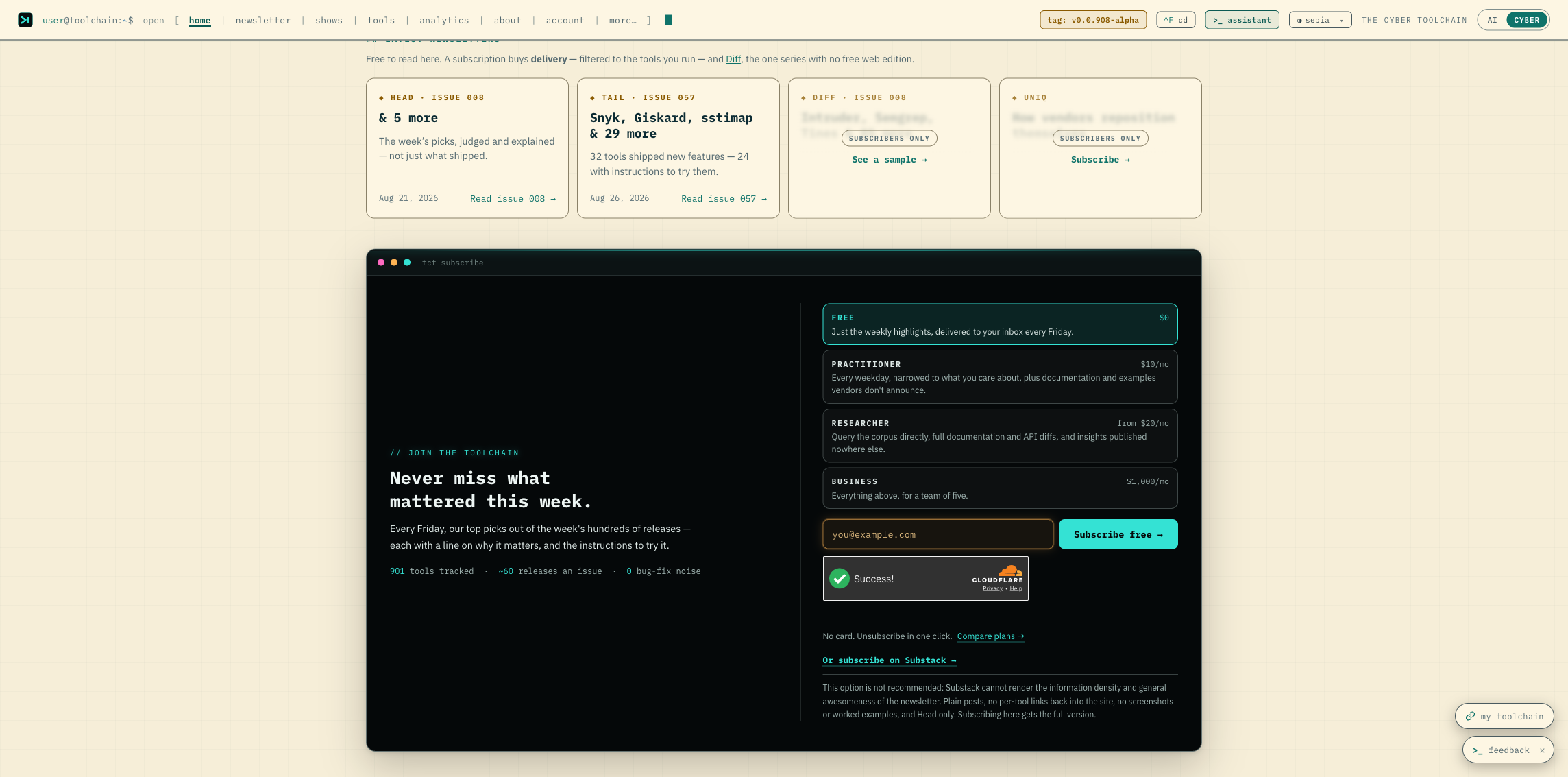 Homepage Latest Newsletters row showing four cards: Head, Tail, Diff, and Uniq, with a subscribe overlay on Diff and Uniq.