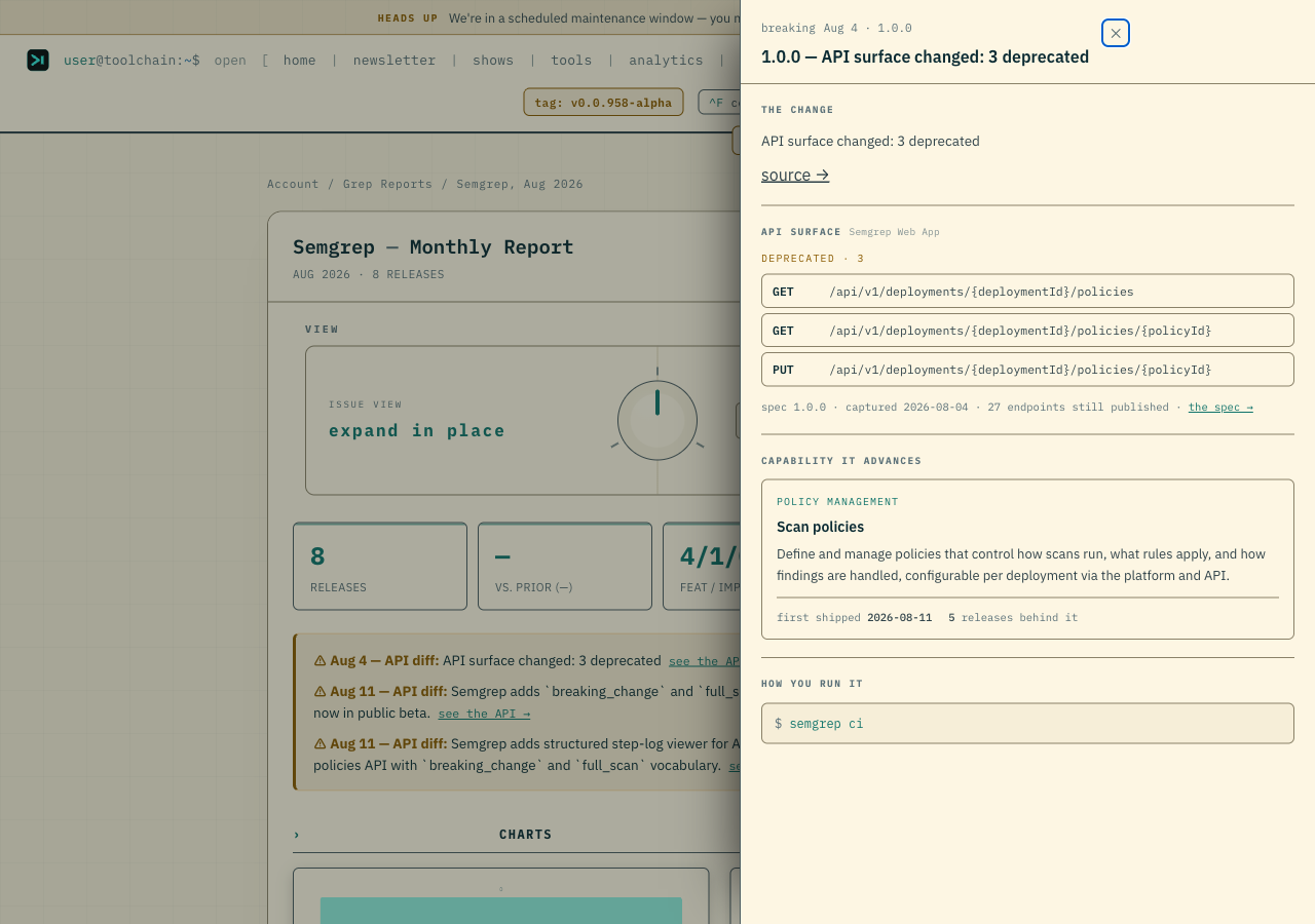A Semgrep report with the detail drawer open, naming the three deprecated policy endpoints